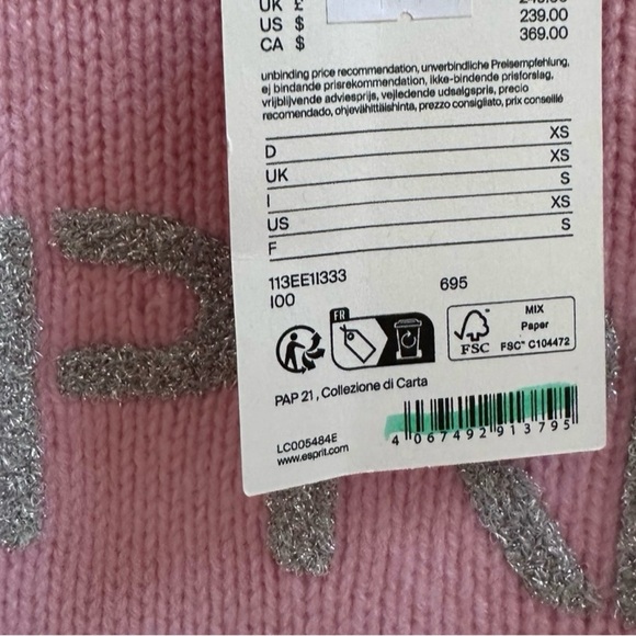 Esprit Knit Sweater Pullover Pink Silver Logo Crew Neck Long Sleeve XS $239 - Picture 7 of 7
